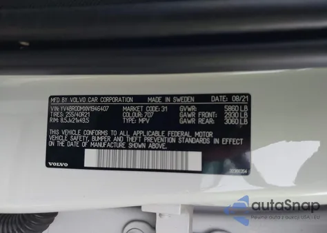 2022 Volvo Xc60 Recharge Plug-In Hybrid T8 R-Design z USA, uszkodzony, nr VIN YV4BR0DMXN1946407